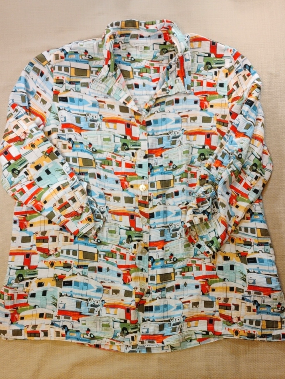 Women’s XL John Mark Multi-Color Camper Print Button-Down Shirt